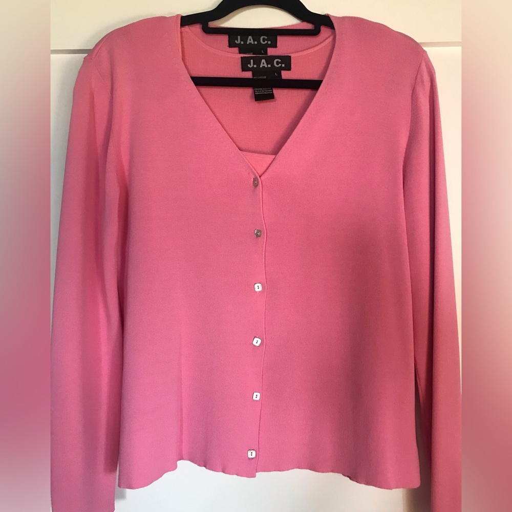 J.A.C. 2 Piece Sweater Set, pink, button cardigan, square neck sleeveless shell